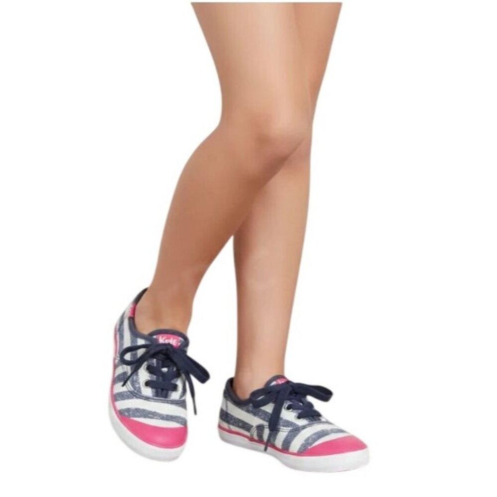 Keds Kids Girls' Champion K Lace-Up Stripe Sneaker Navy/White/Pink Size 10M‎